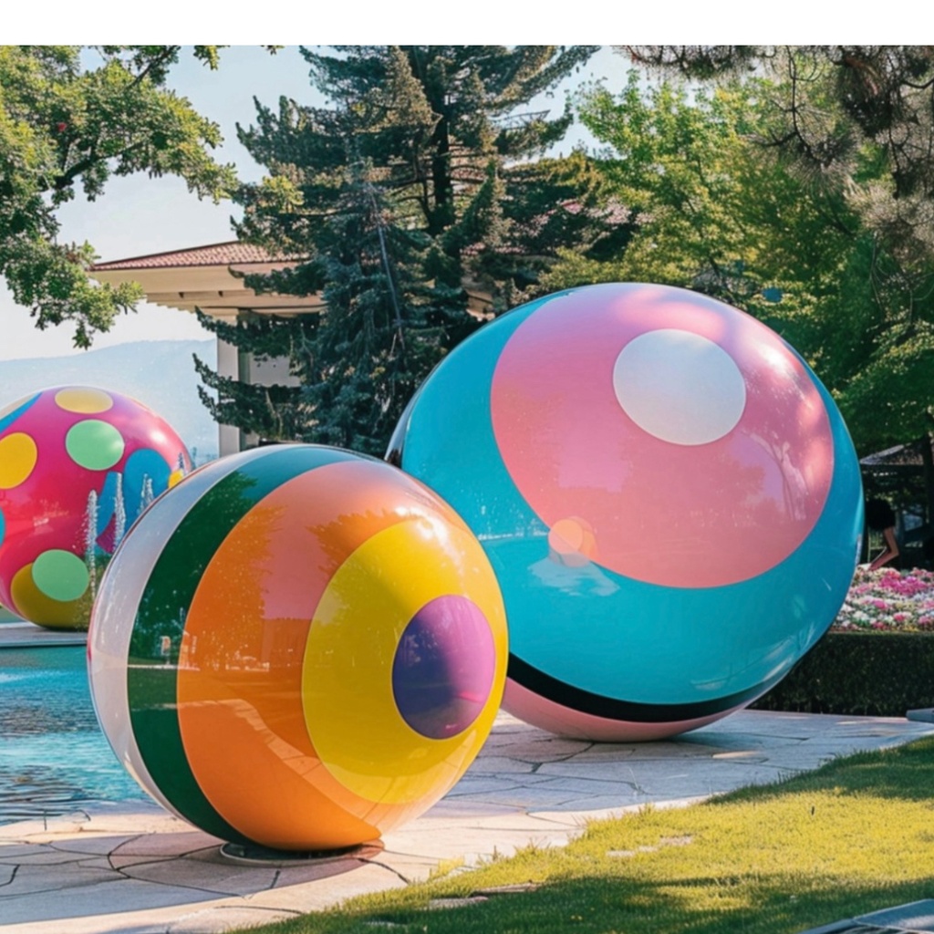 A large, glossy, colourful sphere sculpture in a public plaza