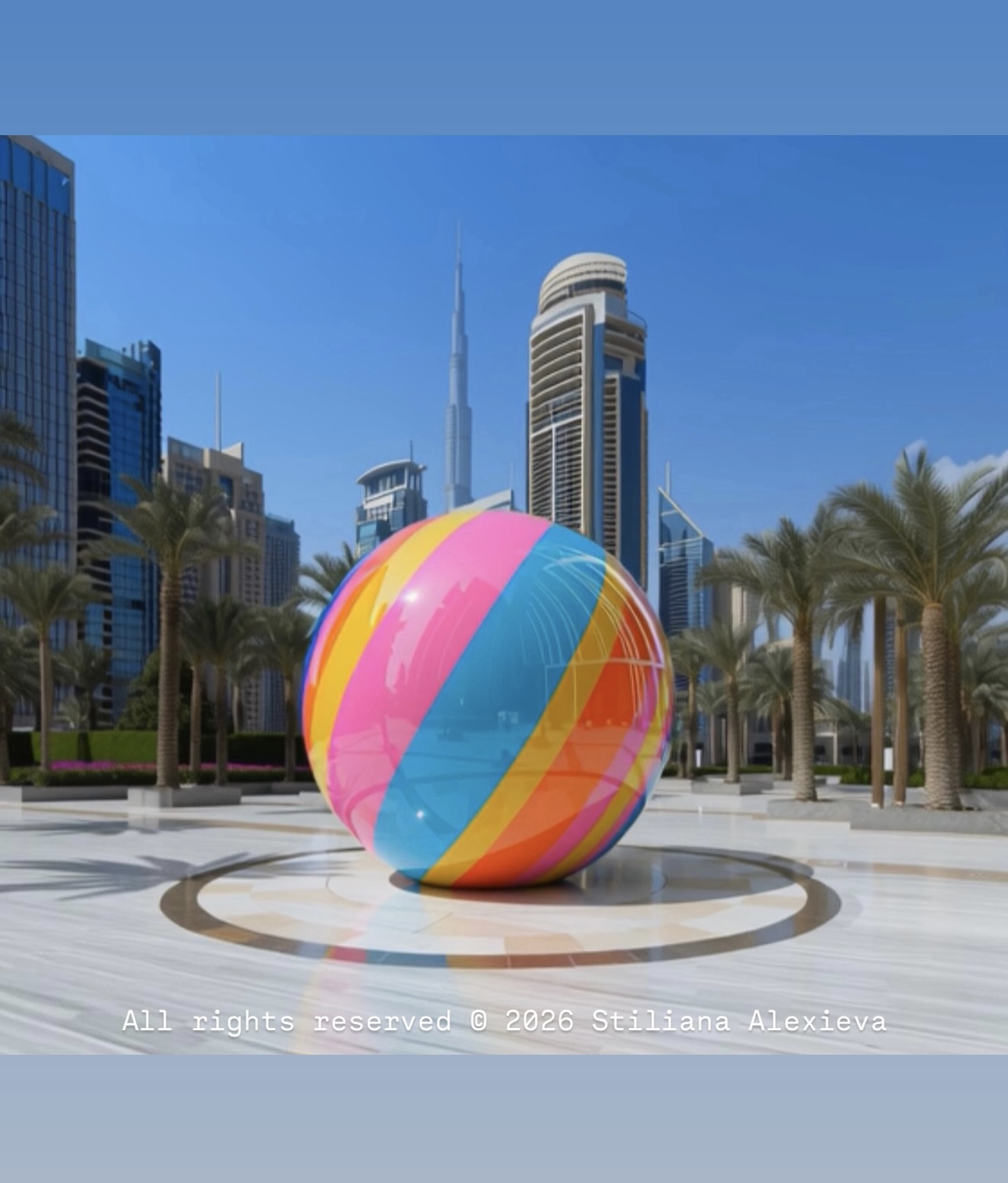 Digital render of a glossy colourful sphere in a city plaza